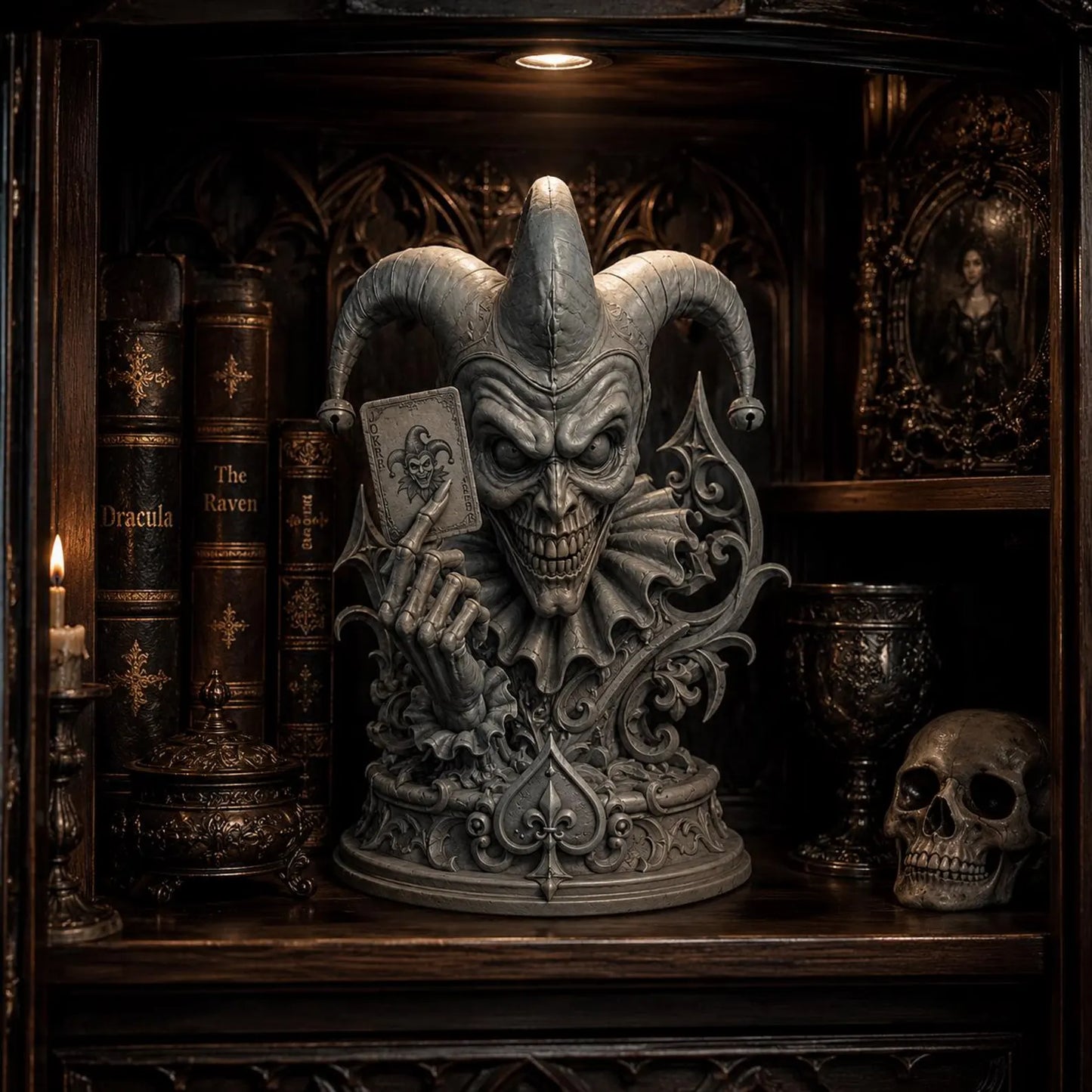 Dark Jester - Ambientazione gotica con libreria Dracula The Raven e teschio