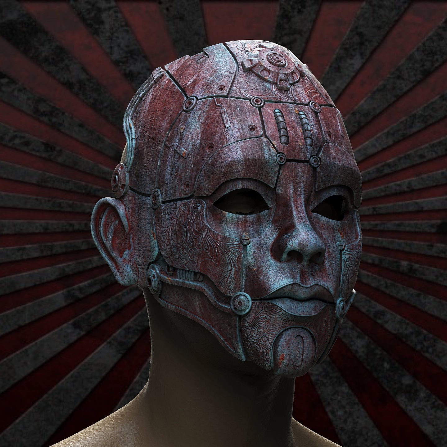 Nexus Mask, vista laterale sinistra, dettaglio piastre e connettori — Hero Craft 3D