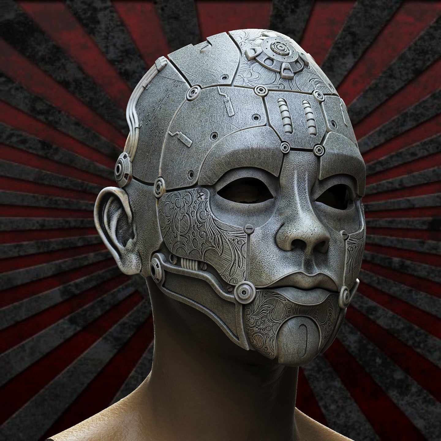Nexus Mask, vista tre quarti sinistra, dettaglio arabeschi — Hero Craft 3D
