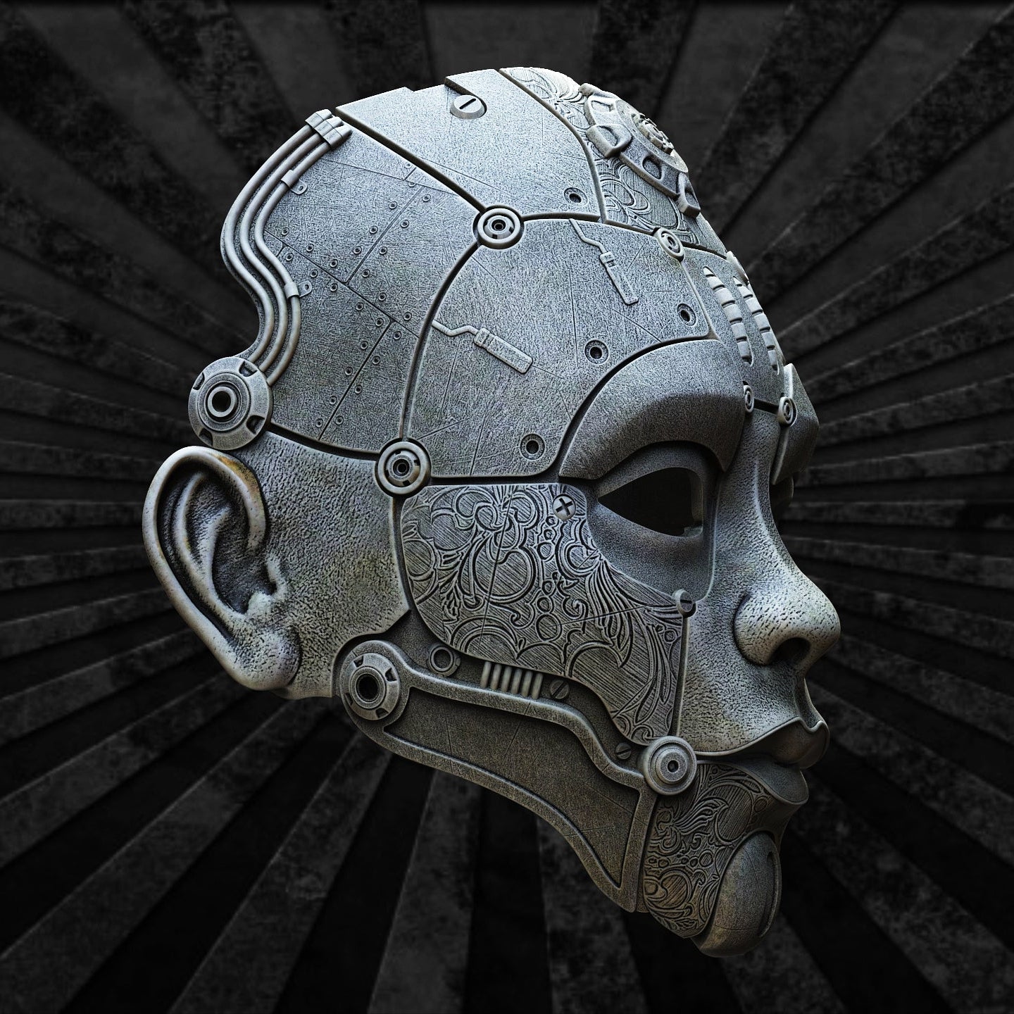 Nexus Mask, vista tre quarti destra, dettaglio giunture — Hero Craft 3D