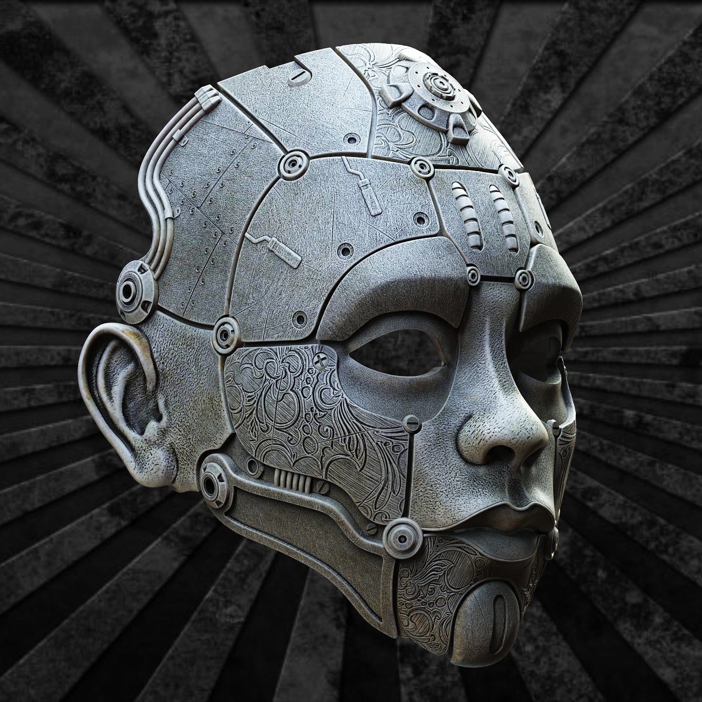 Nexus Mask, vista laterale destra, dettaglio orecchio meccanico — Hero Craft 3D