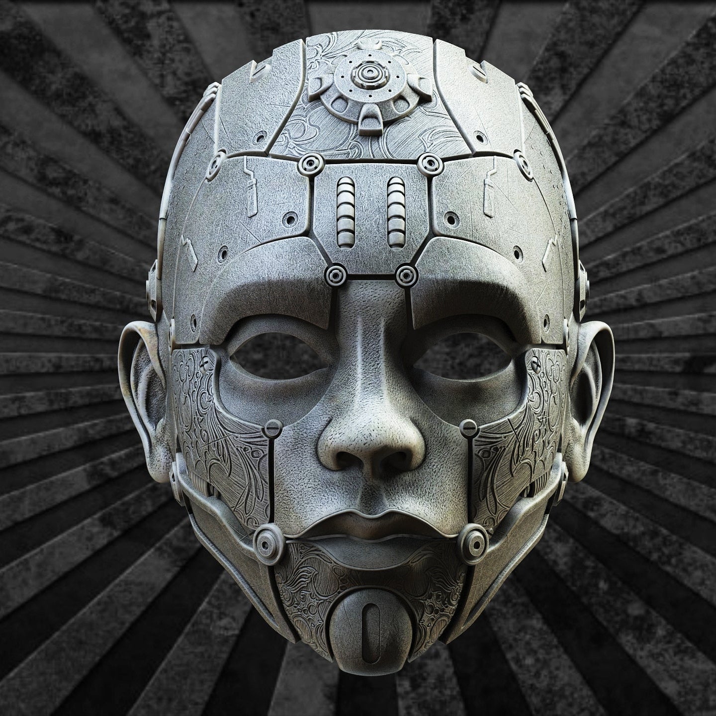 Nexus Mask, vista frontale con collo, scala indossabile — Hero Craft 3D