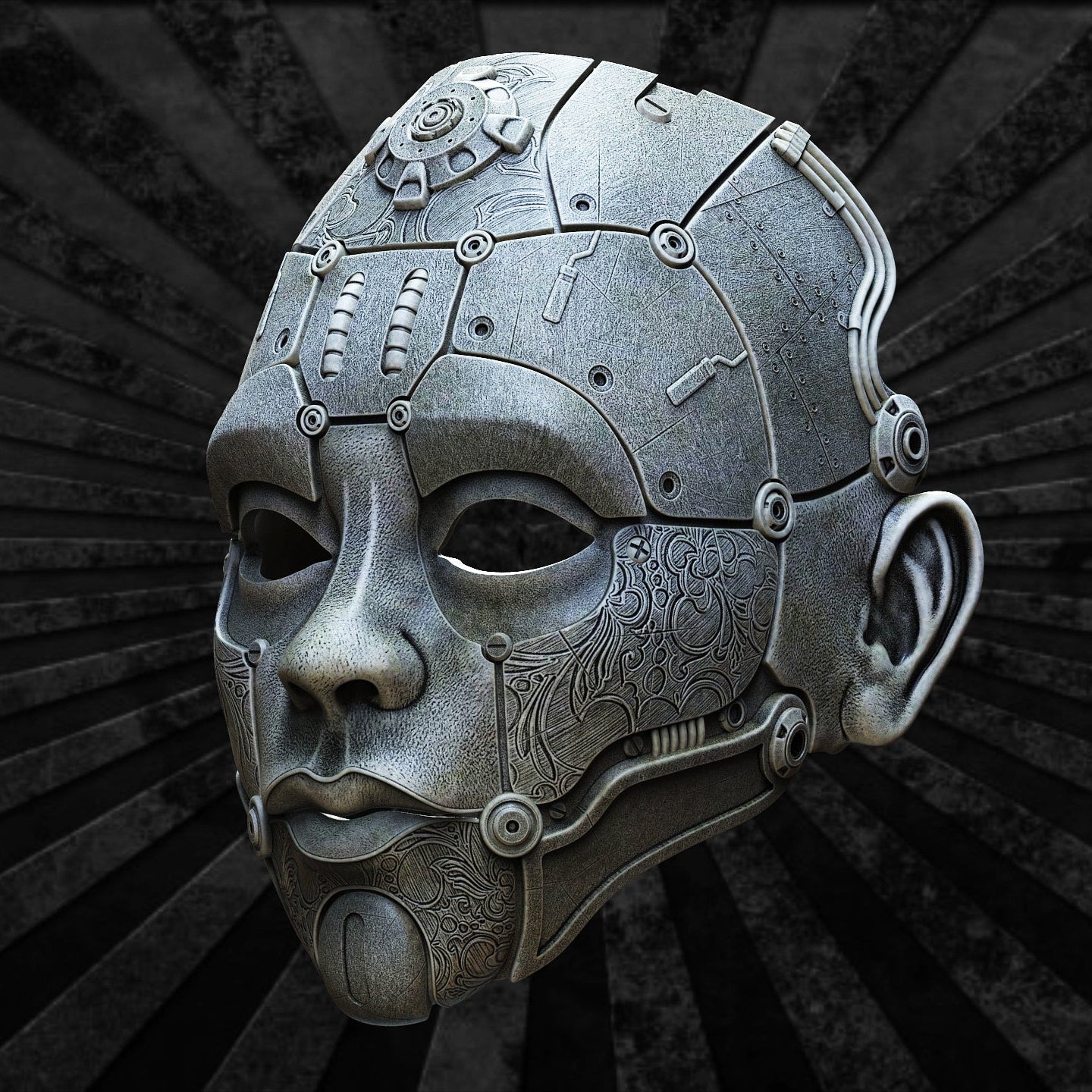 Nexus Mask, vista tre quarti alta, dettaglio calotta cranica — Hero Craft 3D