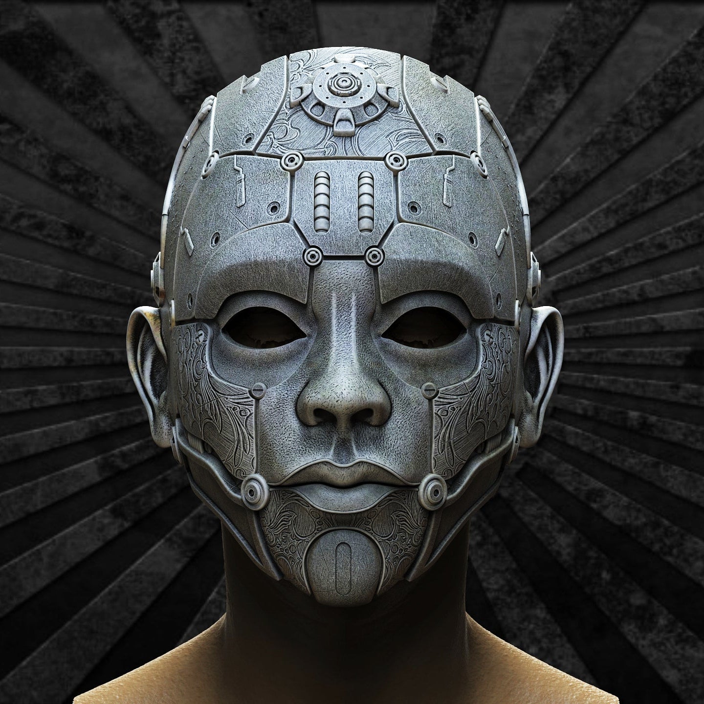 Nexus Mask, vista laterale con spalla, contesto indossabile — Hero Craft 3D