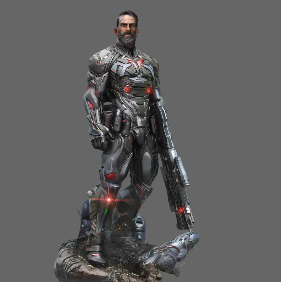 Trek statua cyborg militare render finale, armatura grigia con luci rosse, in piedi sul nemico sconfitto