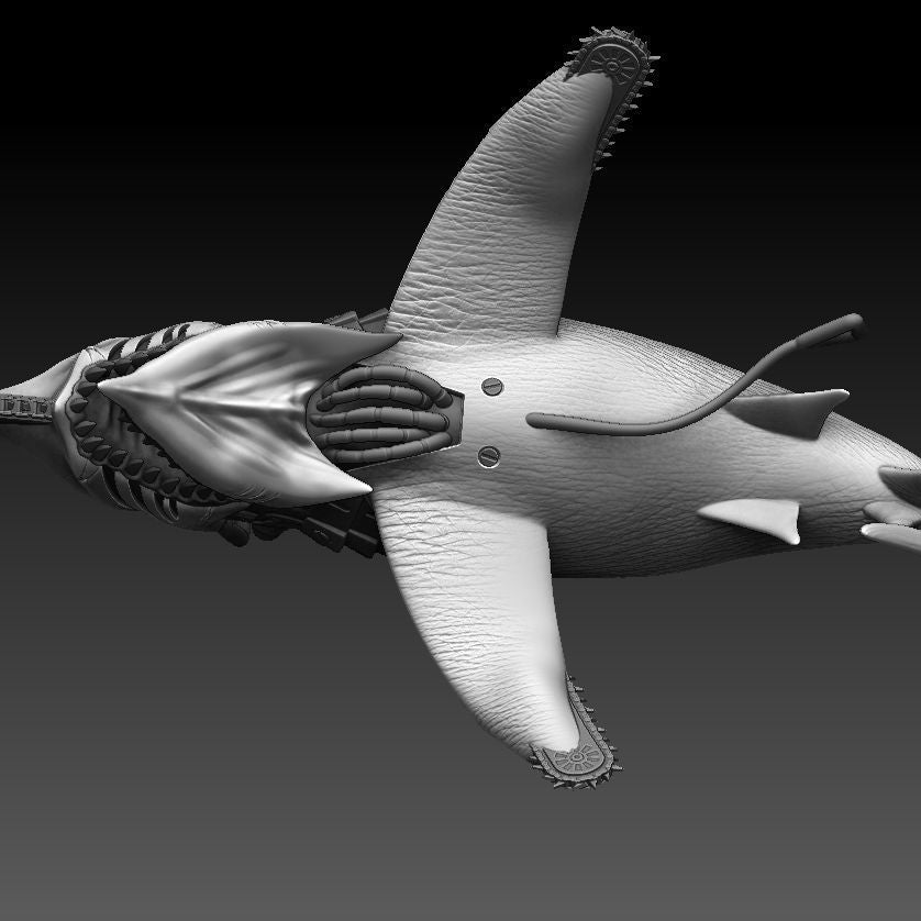 Chain Saw squalo cyborg render ZBrush dettaglio muso con motosega, vista ventre