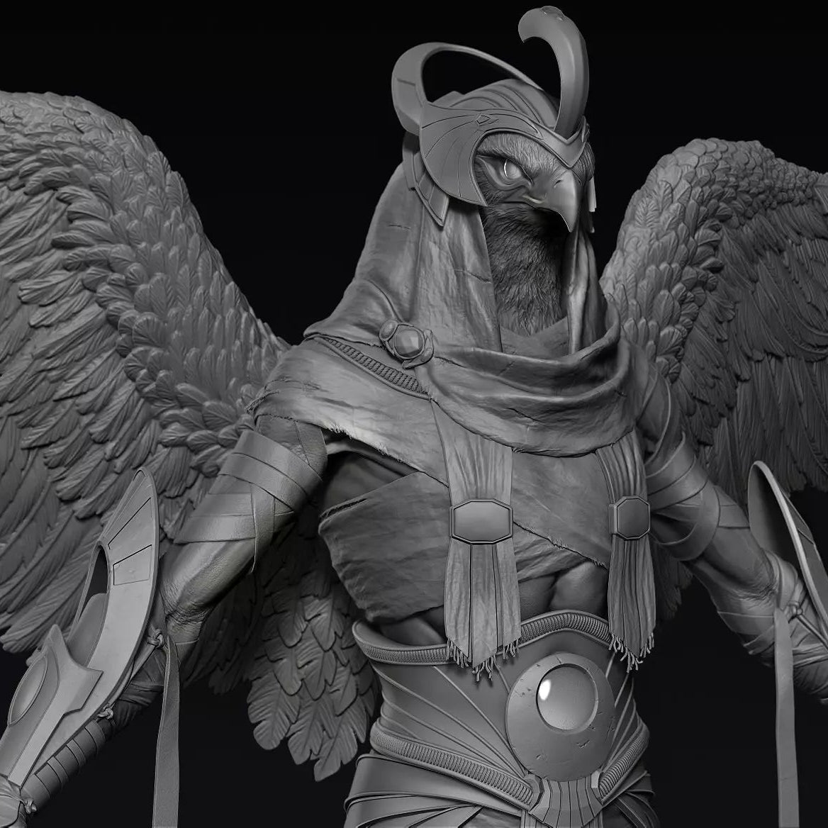 Horus Rex dio falco egizio vista semifrontale  con ali spiegate, lame ai fianchi e vesti drappeggiate