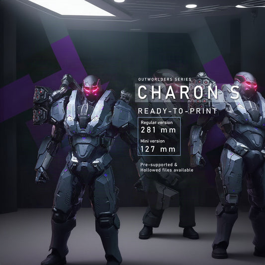CHARON mecha resin statue — front view painted, purple flame base