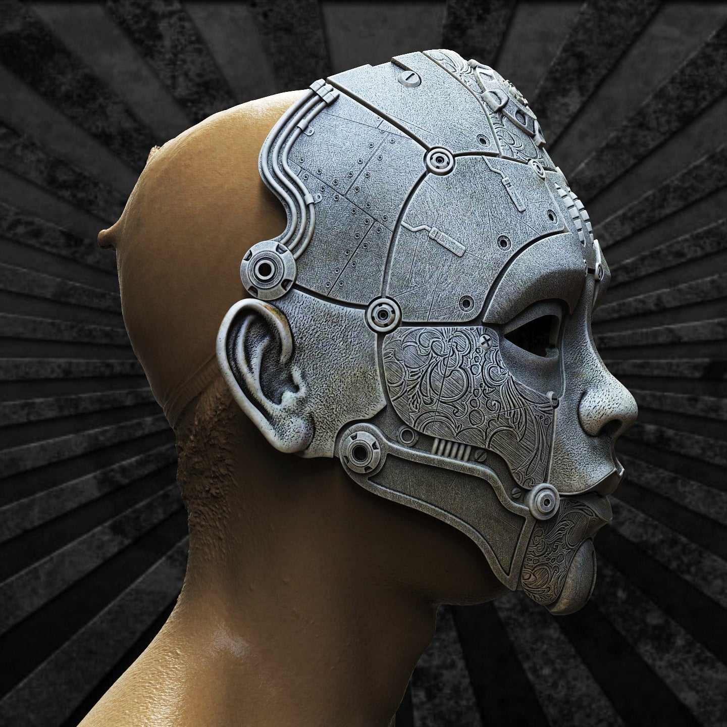Nexus Mask, maschera meccanica cyberpunk con incisioni arabescate, vista frontale, stampa SLA in resina — Hero Craft 3D