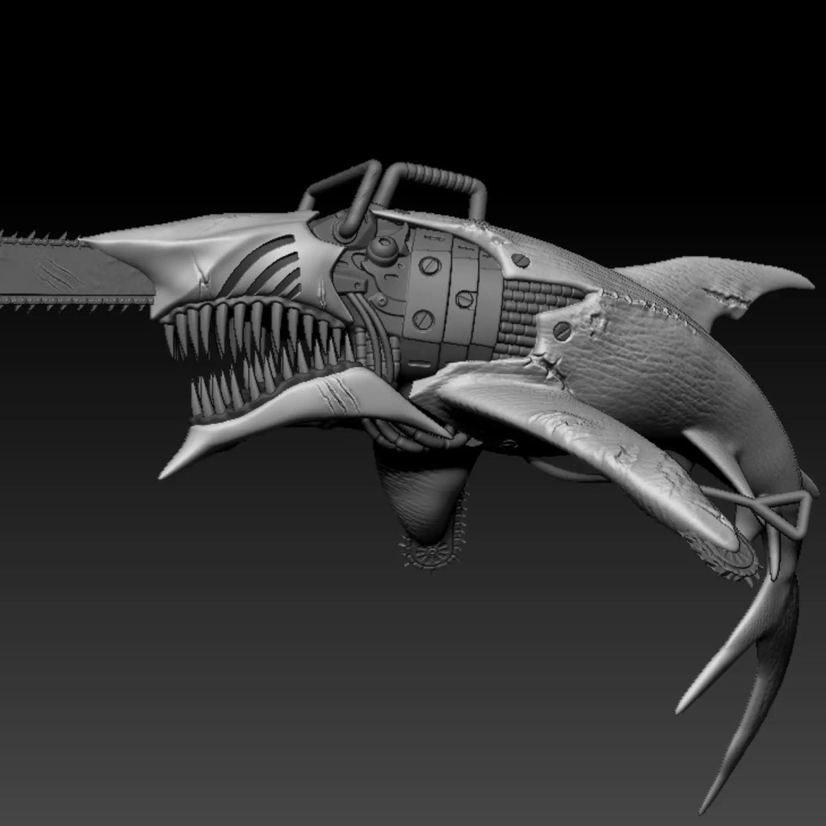 Chain Saw squalo cyborg render ZBrush vista laterale, motore dorsale con tubi e corpo completo