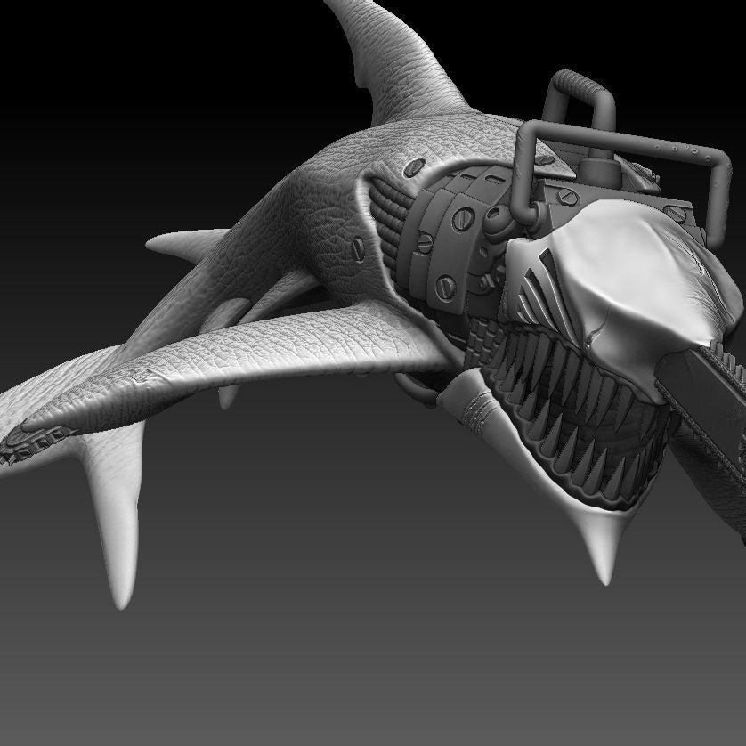 Chain Saw squalo cyborg render ZBrush vista frontale, dettaglio motore dorsale con griglie e bulloni
