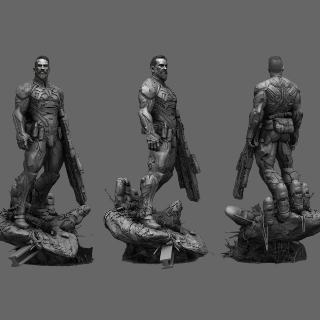 Trek statua cyborg militare viste frontale, laterale e posteriore in versione scultura grigia