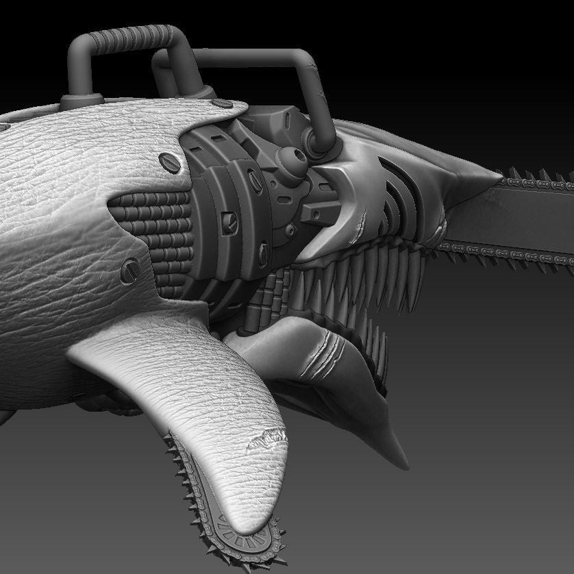 Chain Saw squalo cyborg render vista laterale motosega e  meccanica