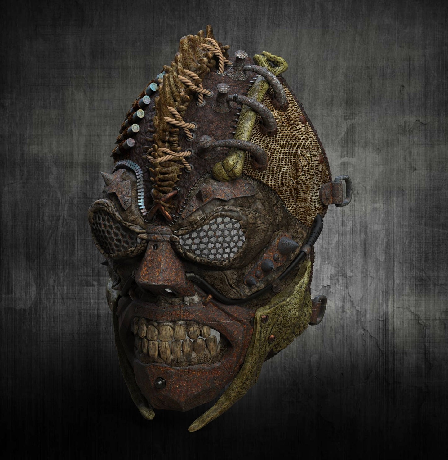 Apocalypto, vista frontale bassa, dettaglio ghigno dentato — Hero Craft 3D