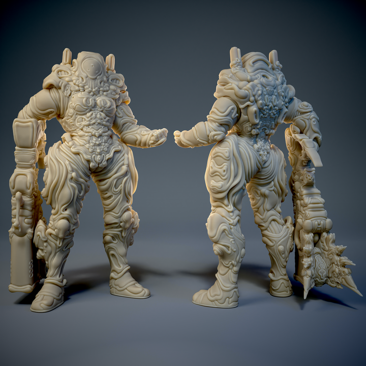 Narvex Heavy Soldier — vista laterale sinistra: texture organica a onde su tutta l'armatura e cannone pesante
