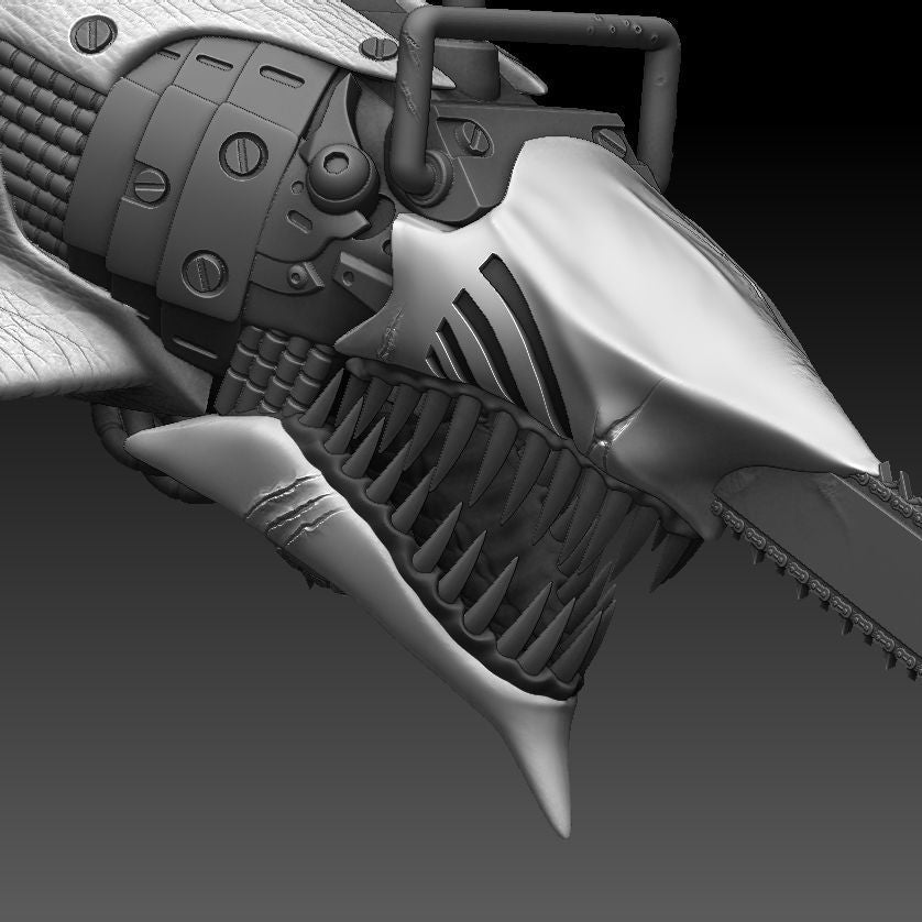 Chain Saw squalo cyborg render ZBrush vista laterale completa, profilo squalo con bocca aperta  motosega e pinne seghettate