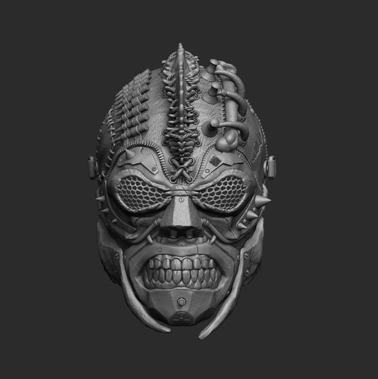 Apocalypto, maschera post-apocalittica in resina SLA, render grigio vista tre quarti — Hero Craft 3D