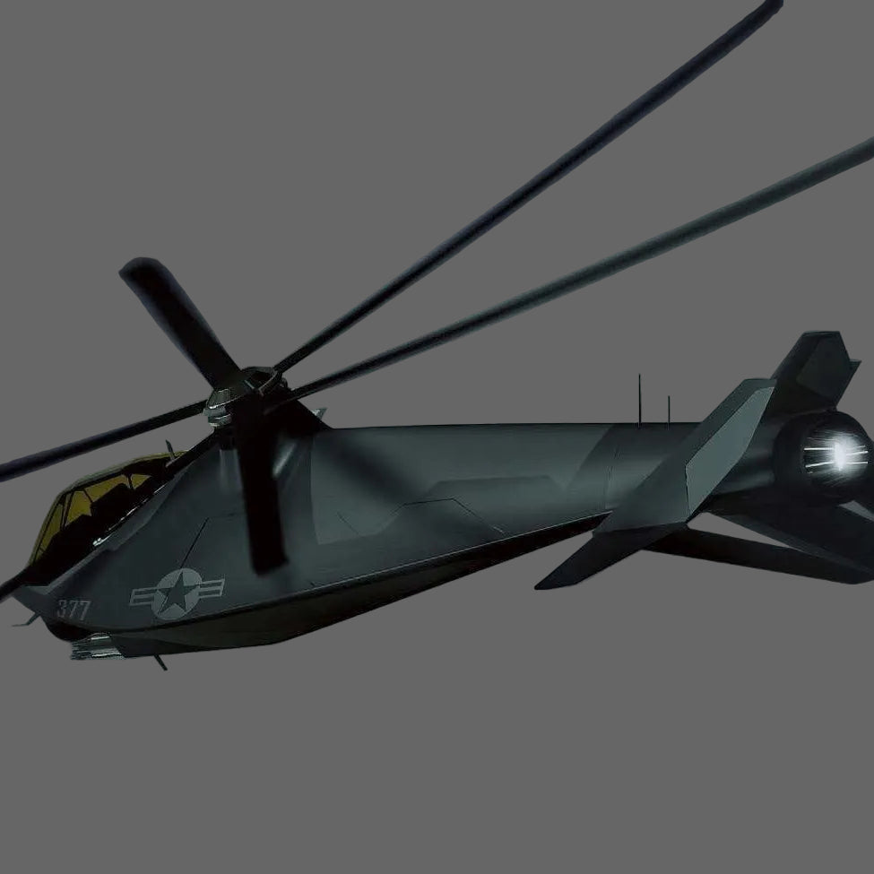 RAH-35 Comanche Stealth elicottero futuristico in resina - vista tre quarti frontale livrea scura