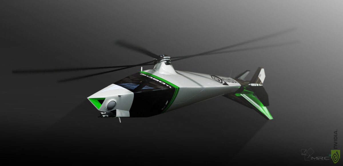 NVIDIA RTX Helicopter Concept modello in resina - vista tre quarti frontale livrea verde RTX