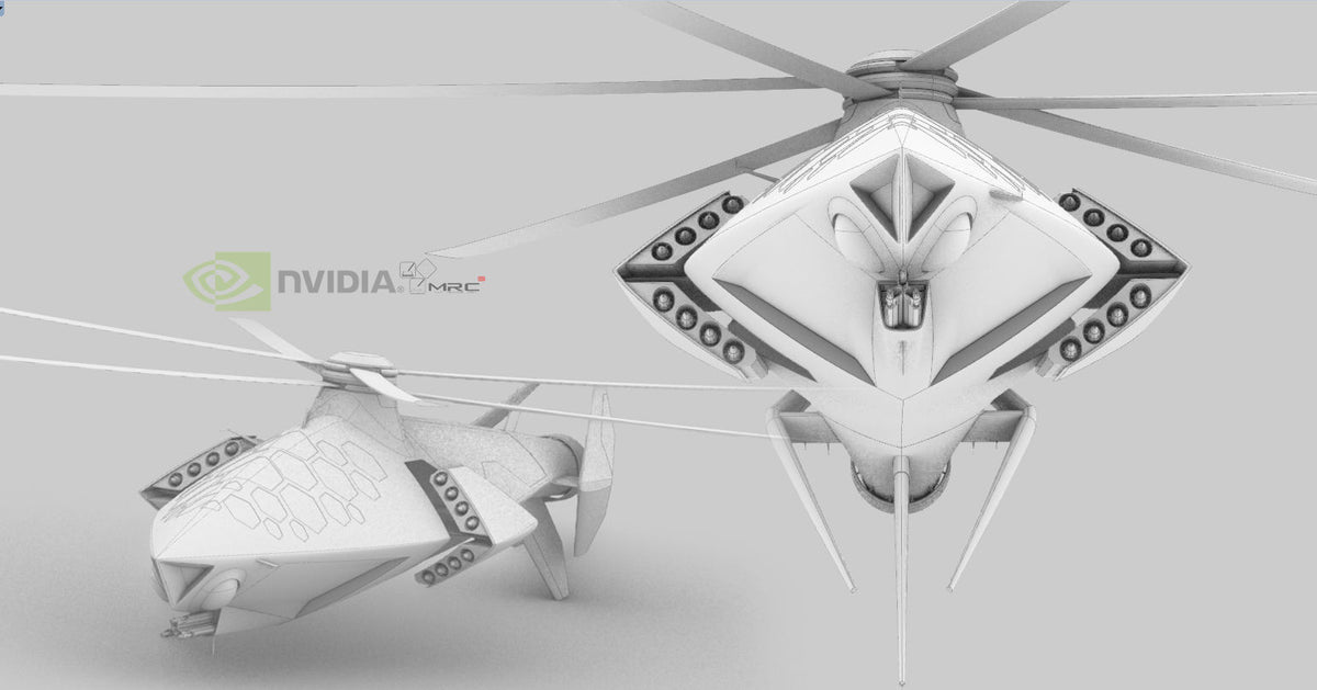 NVIDIA RTX Helicopter Concept modello in resina - vista frontale bassa telecamera integrata