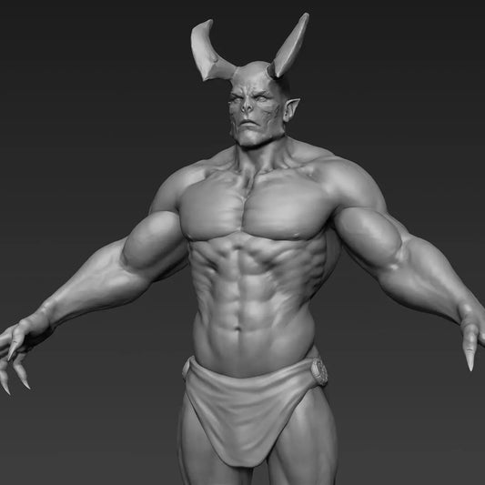 Demon guerriero demoniaco dettaglio busto frontale con corna grandi, muscolatura petto e addominali