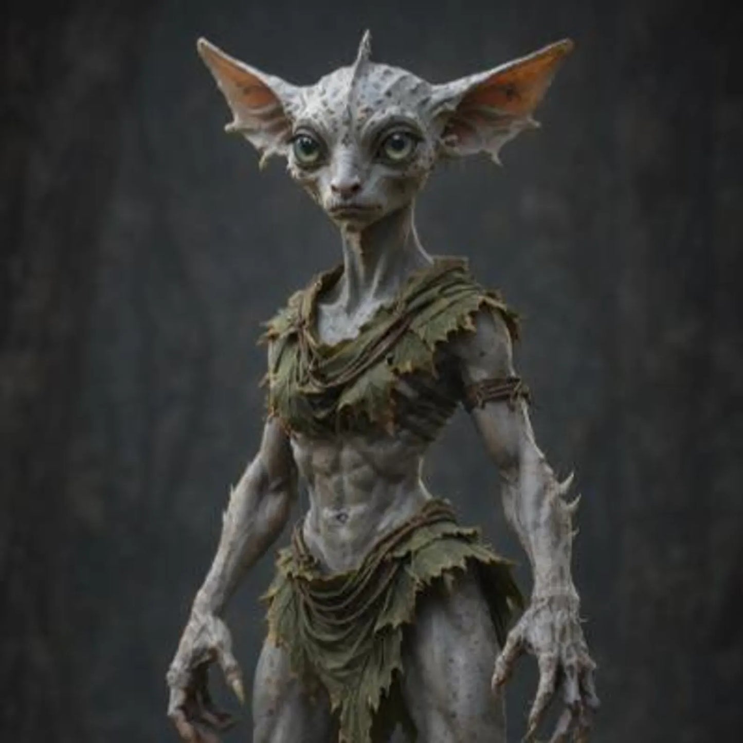 Statua fantasy 3D di Sylvara, creatura esile con pelle bianca, grandi orecchie a punta e abito di foglie, stampa SLA in resina — Hero Craft 3D