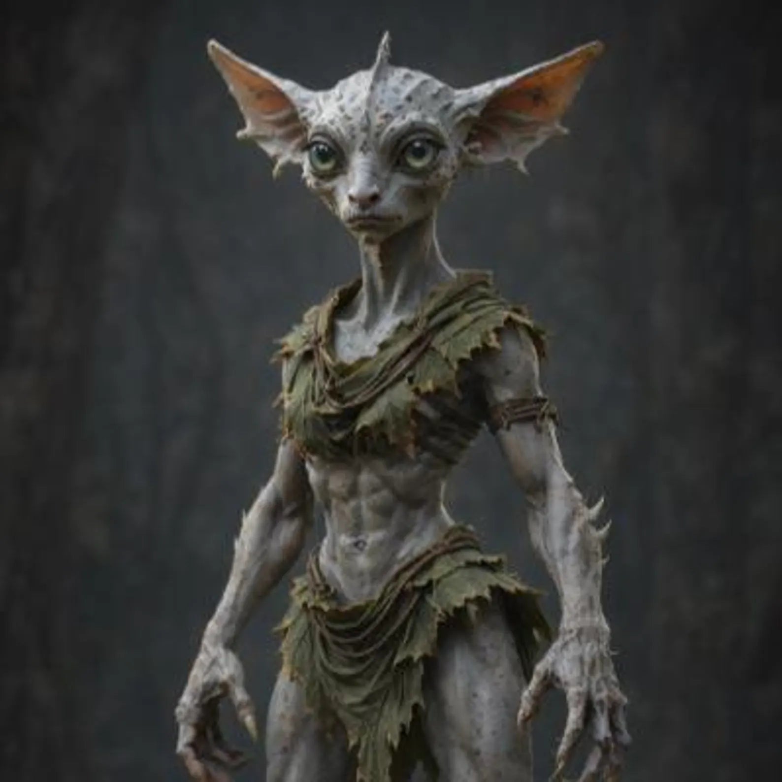 Statua fantasy 3D di Sylvara, creatura esile con pelle bianca, grandi orecchie a punta e abito di foglie, stampa SLA in resina — Hero Craft 3D