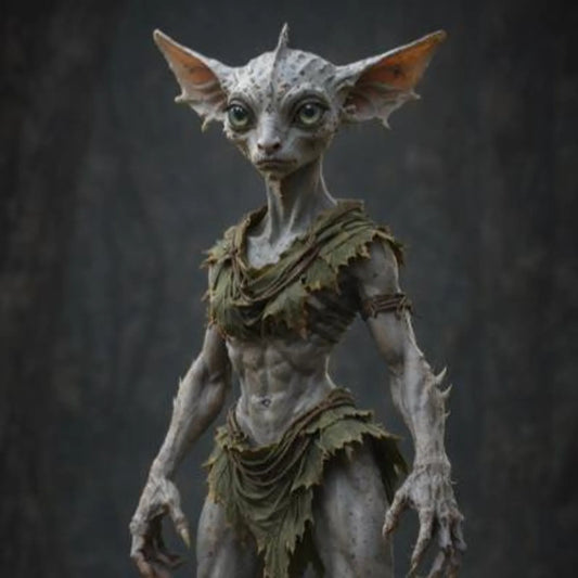Statua fantasy 3D di Sylvara, creatura esile con pelle bianca, grandi orecchie a punta e abito di foglie, stampa SLA in resina — Hero Craft 3D