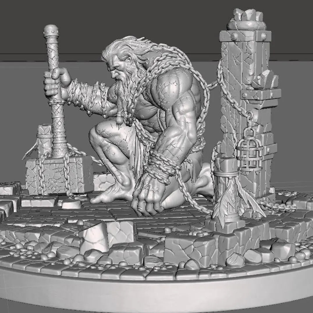 Chained Titan — dettaglio volto e busto con catene