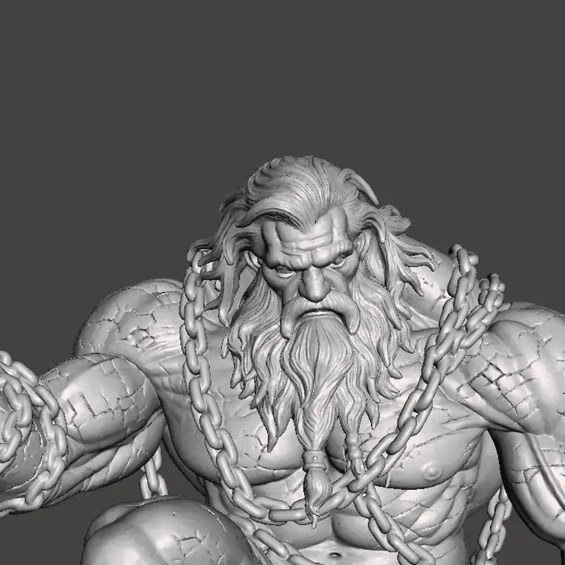 Chained Titan — render a colori con ambientazione dark e fuoco