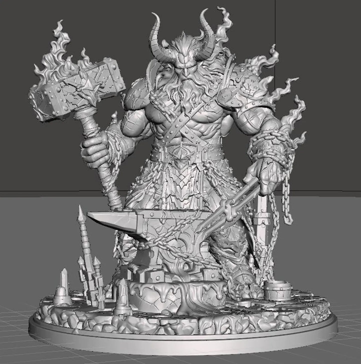 Hellforged Blacksmith - Vista frontale render 3D grigio