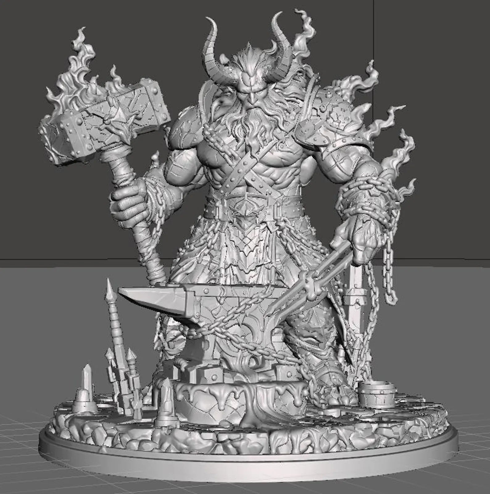 Hellforged Blacksmith - Vista frontale render 3D grigio