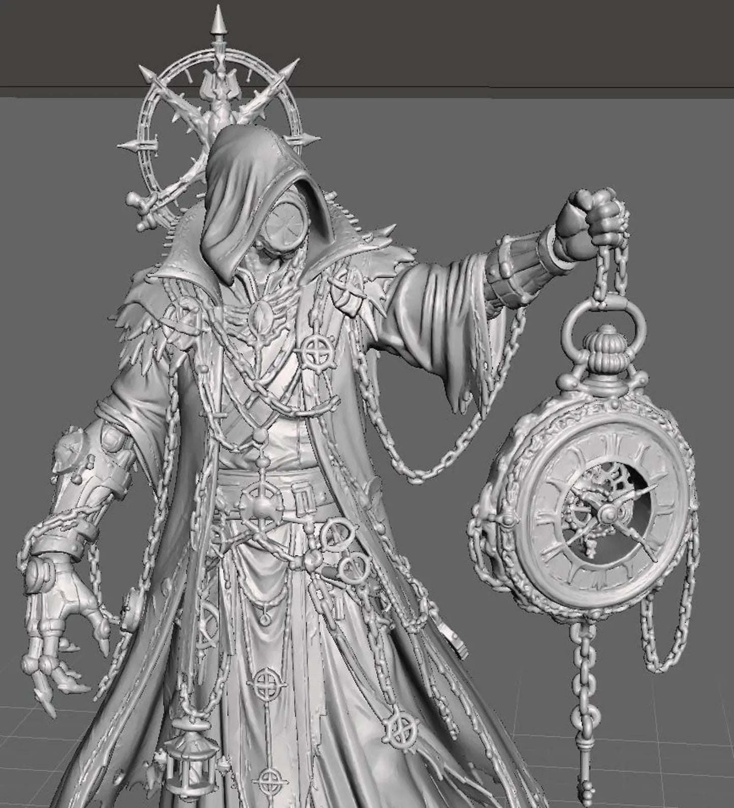Timekeeper - Dettaglio busto con orologio cosmico render 3D grigio