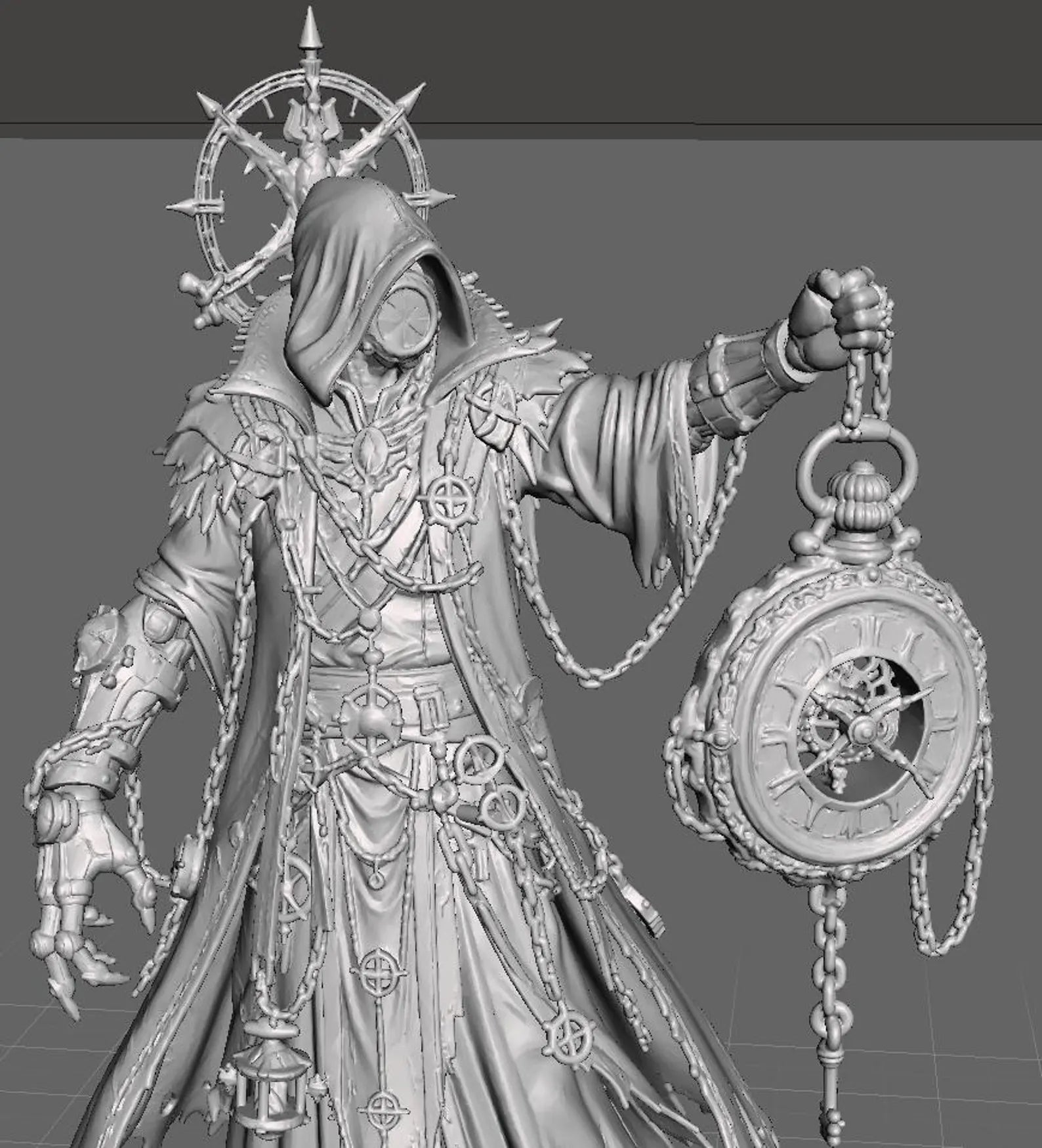 Timekeeper - Dettaglio busto con orologio cosmico render 3D grigio