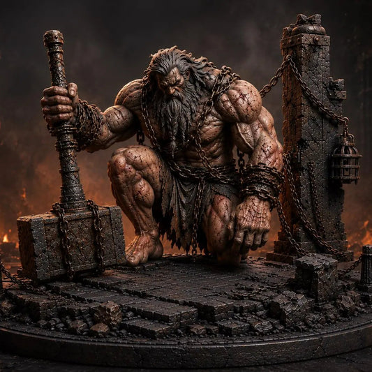 Chained Titan — vista frontale completa con rovine e catene