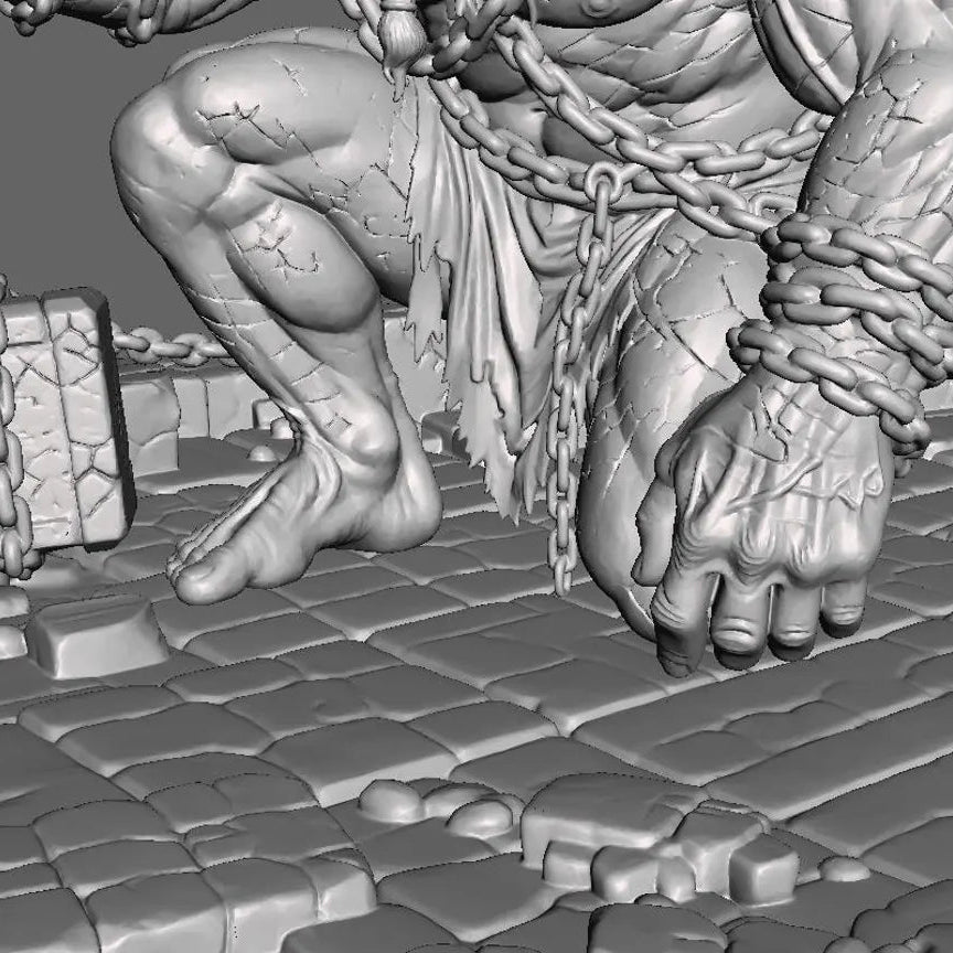Chained Titan — vista laterale sinistra con mazza e catene