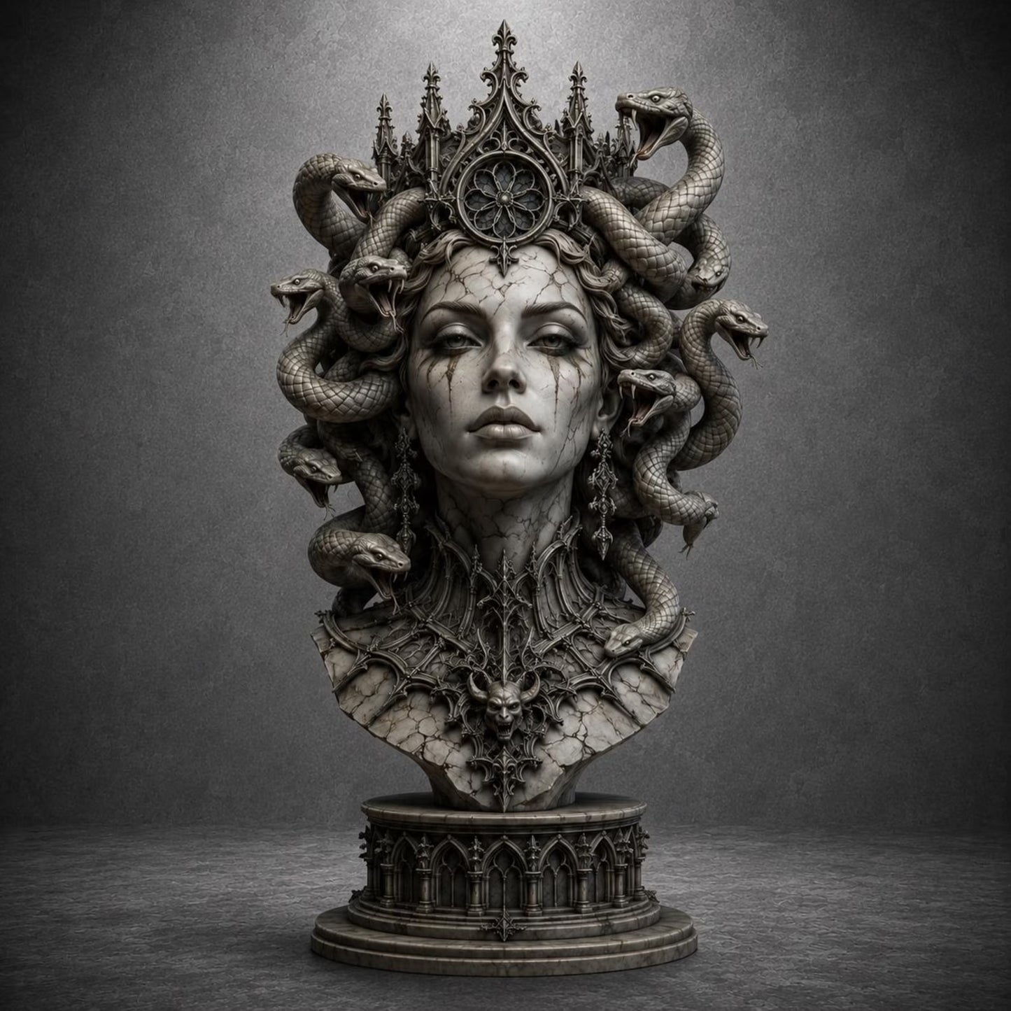 Medusa - Dettaglio viso con pelle screpolata e serpenti intrecciati