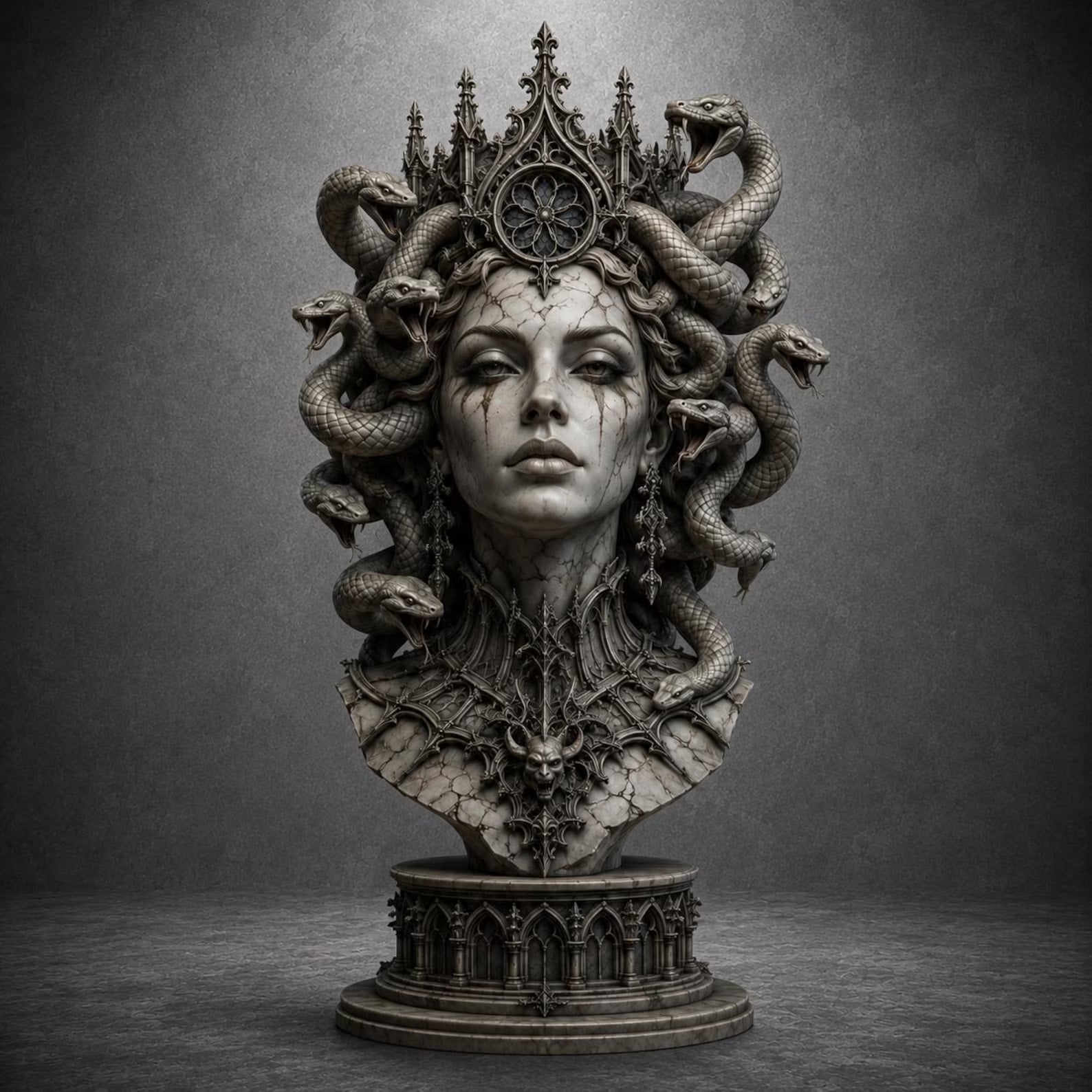 Medusa - Dettaglio viso con pelle screpolata e serpenti intrecciati