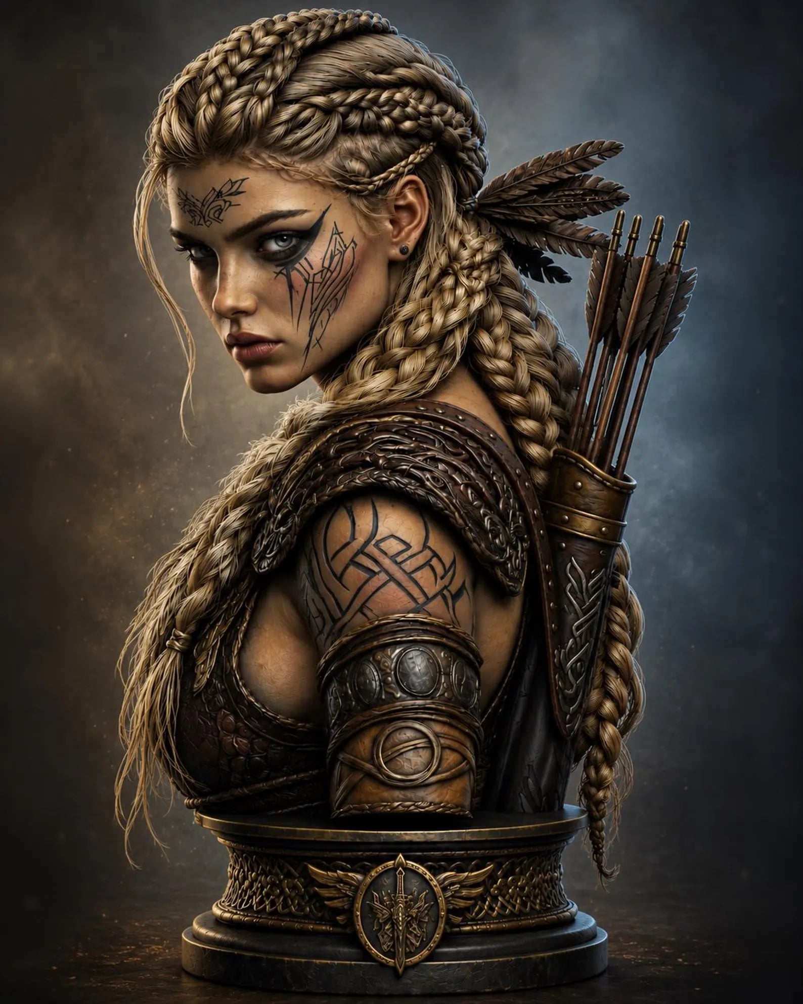 Runemark Huntress - Vista laterale con tatuaggi runici e faretra render 3D