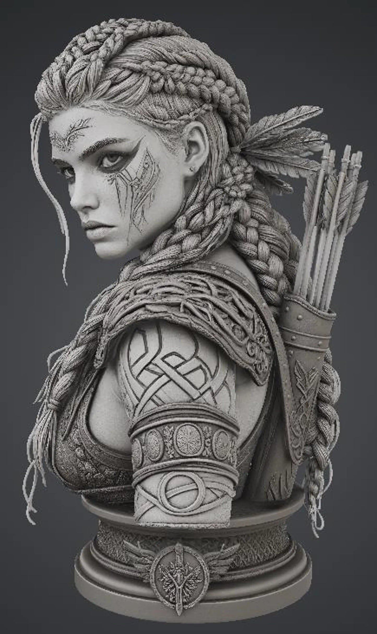 Runemark Huntress - Vista frontale con trecce render 3D grigio