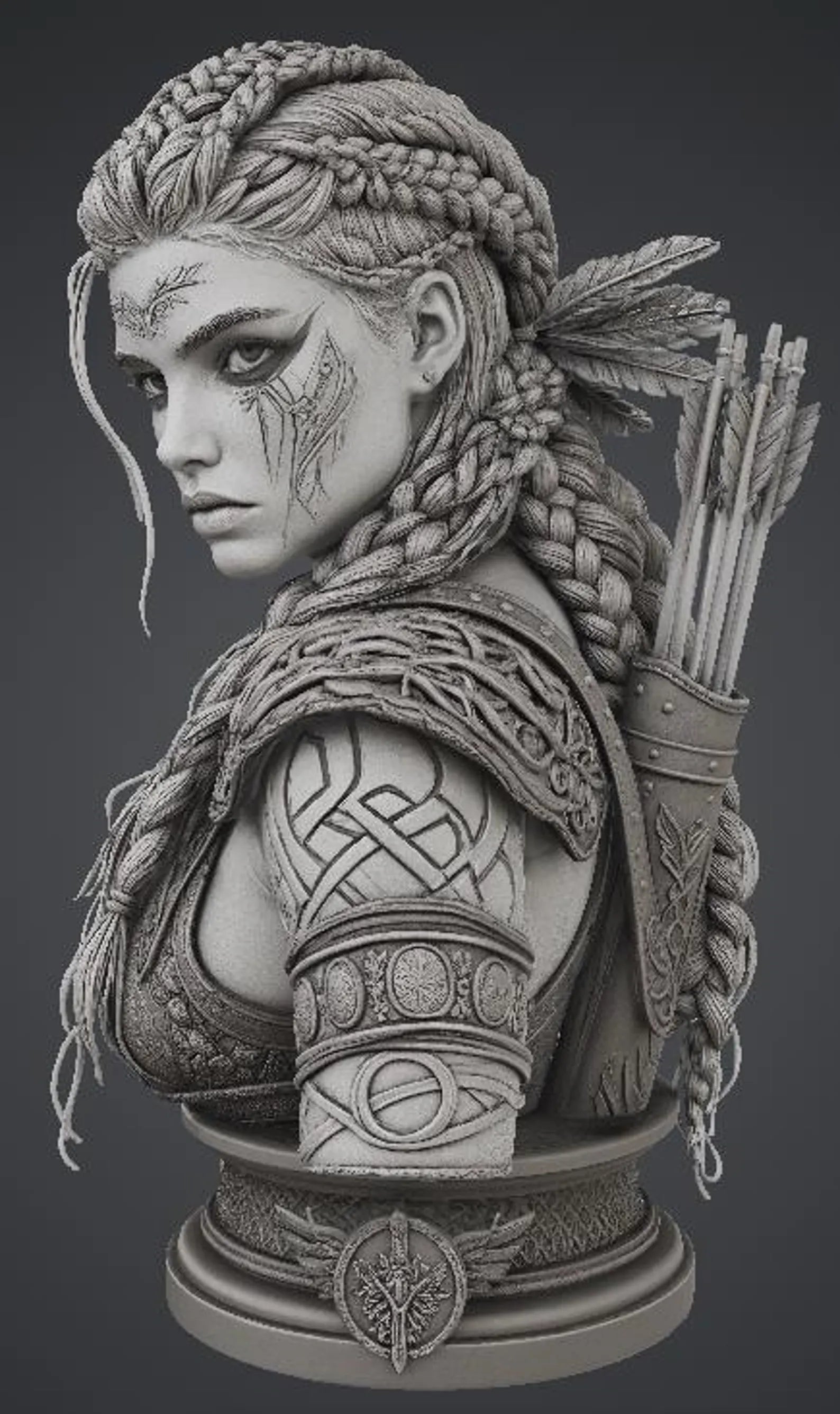 Runemark Huntress - Vista frontale con trecce render 3D grigio
