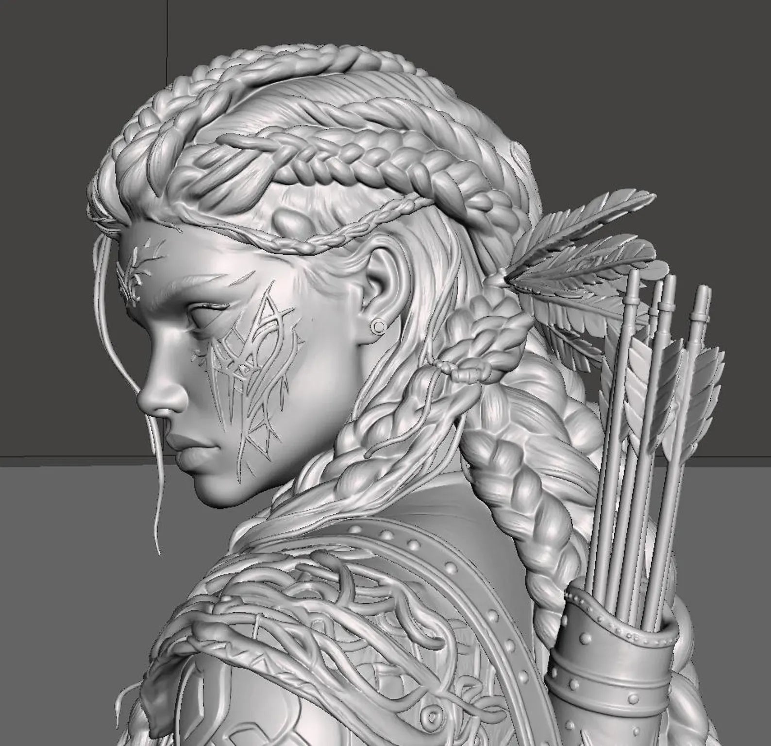 Runemark Huntress - Vista frontale completa con base render 3D