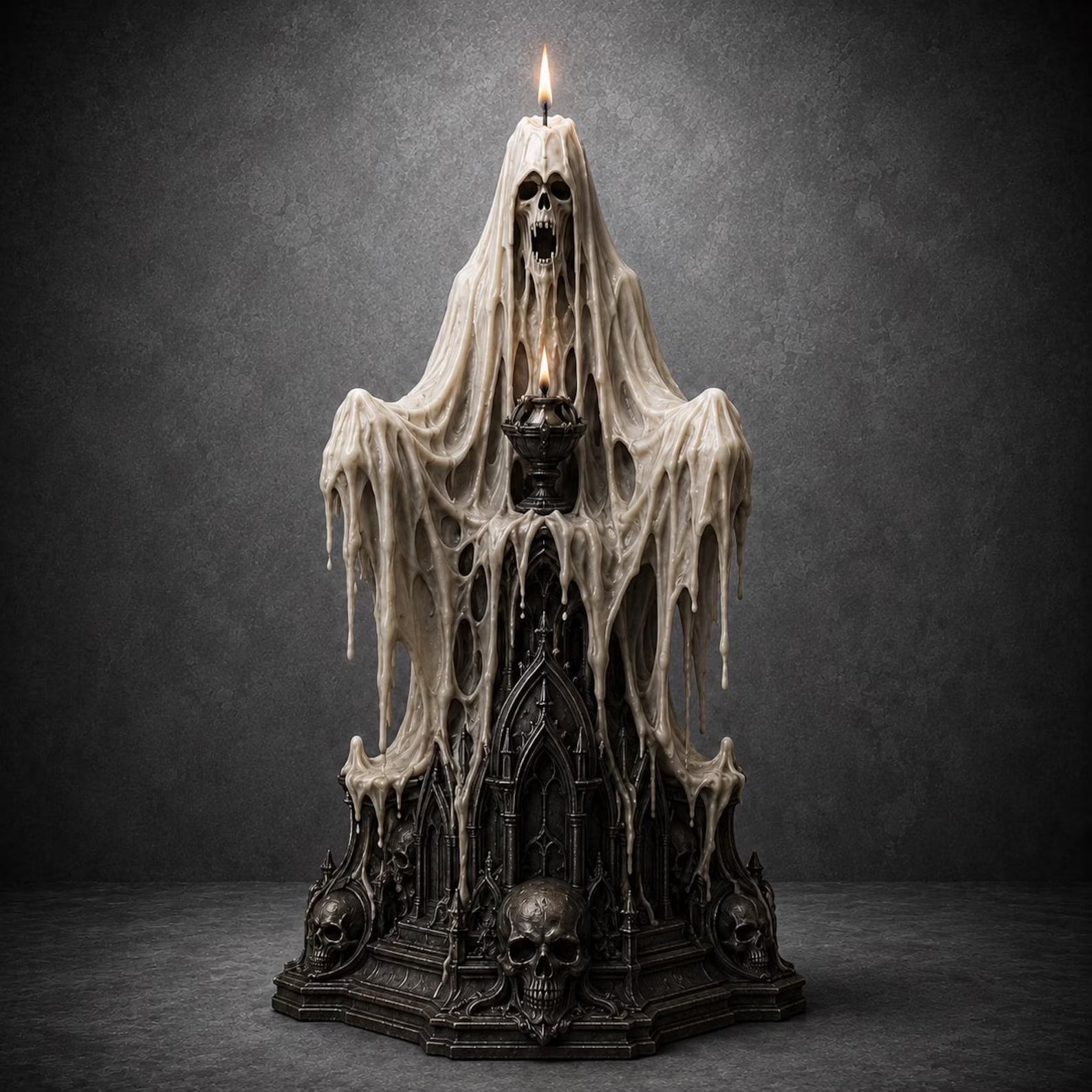 Ghost Candle - Vista frontale con sudario cera colante e piedistallo gotico con teschi