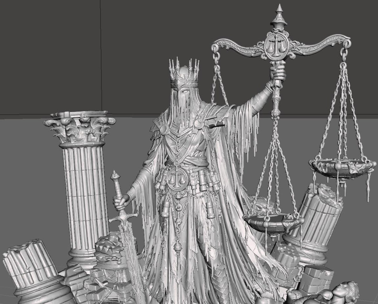 Last Judge - Dettaglio base con figure cadute render 3D