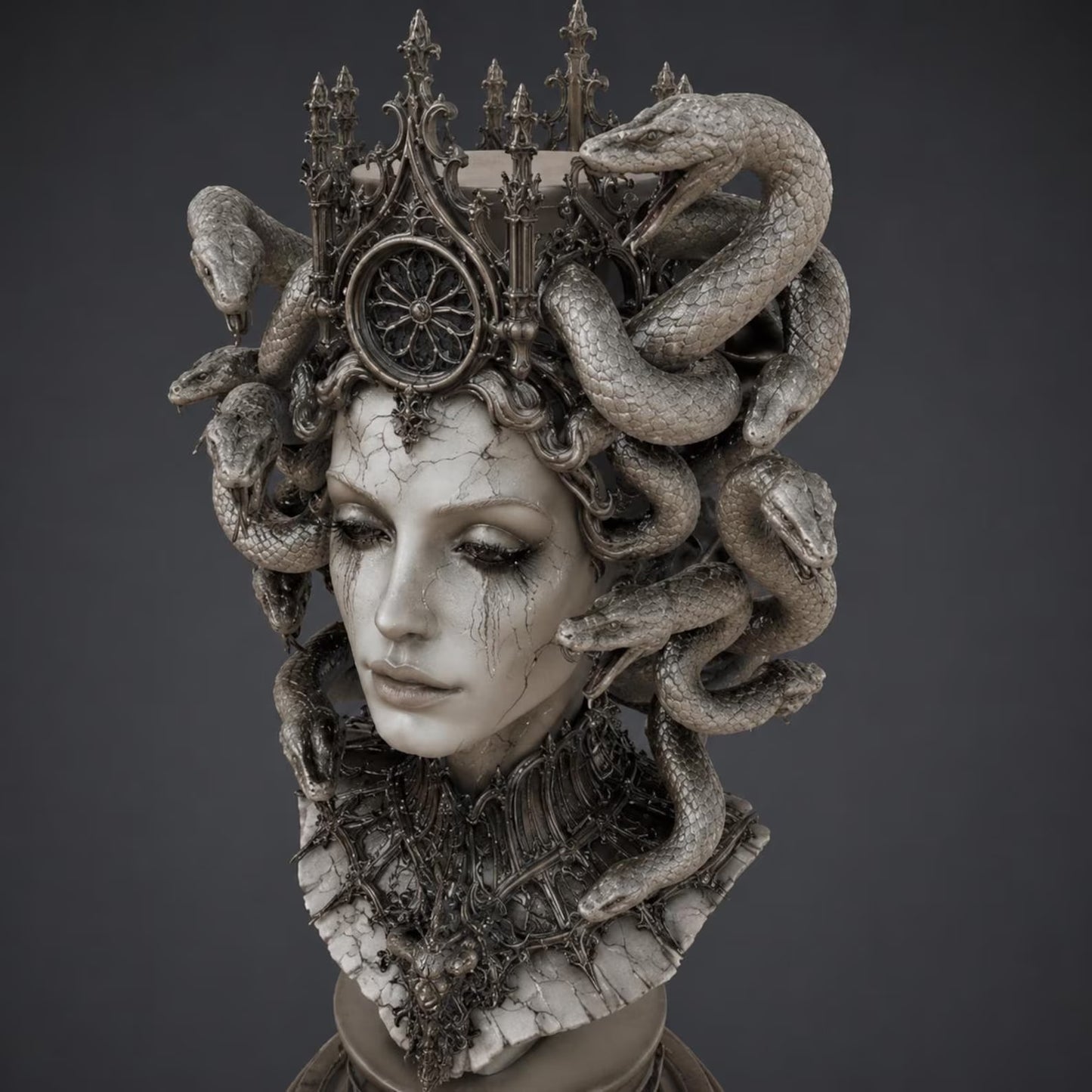 Medusa - Busto frontale con corona gotica e serpenti su piedistallo cattedrale