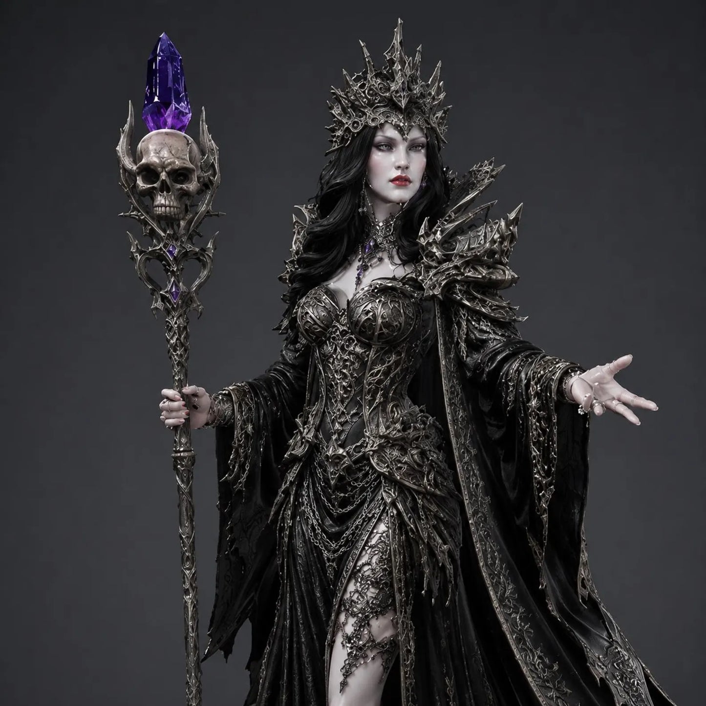 Gothic Dark Queen Necromancer - Vista frontale con bastone teschio cristallo viola e armatura nera