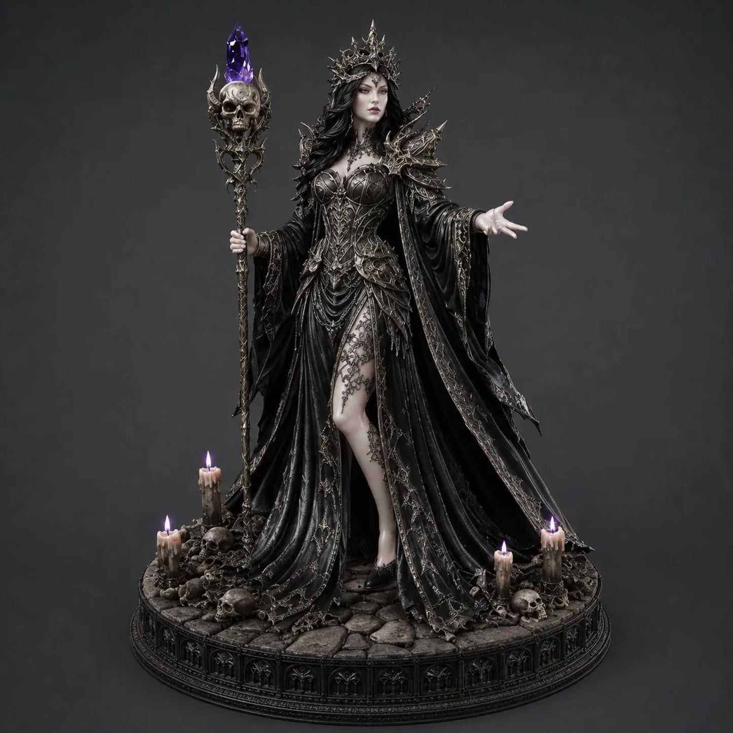 Gothic Dark Queen Necromancer - Vista frontale con piedistallo teschi candele accese e mantello