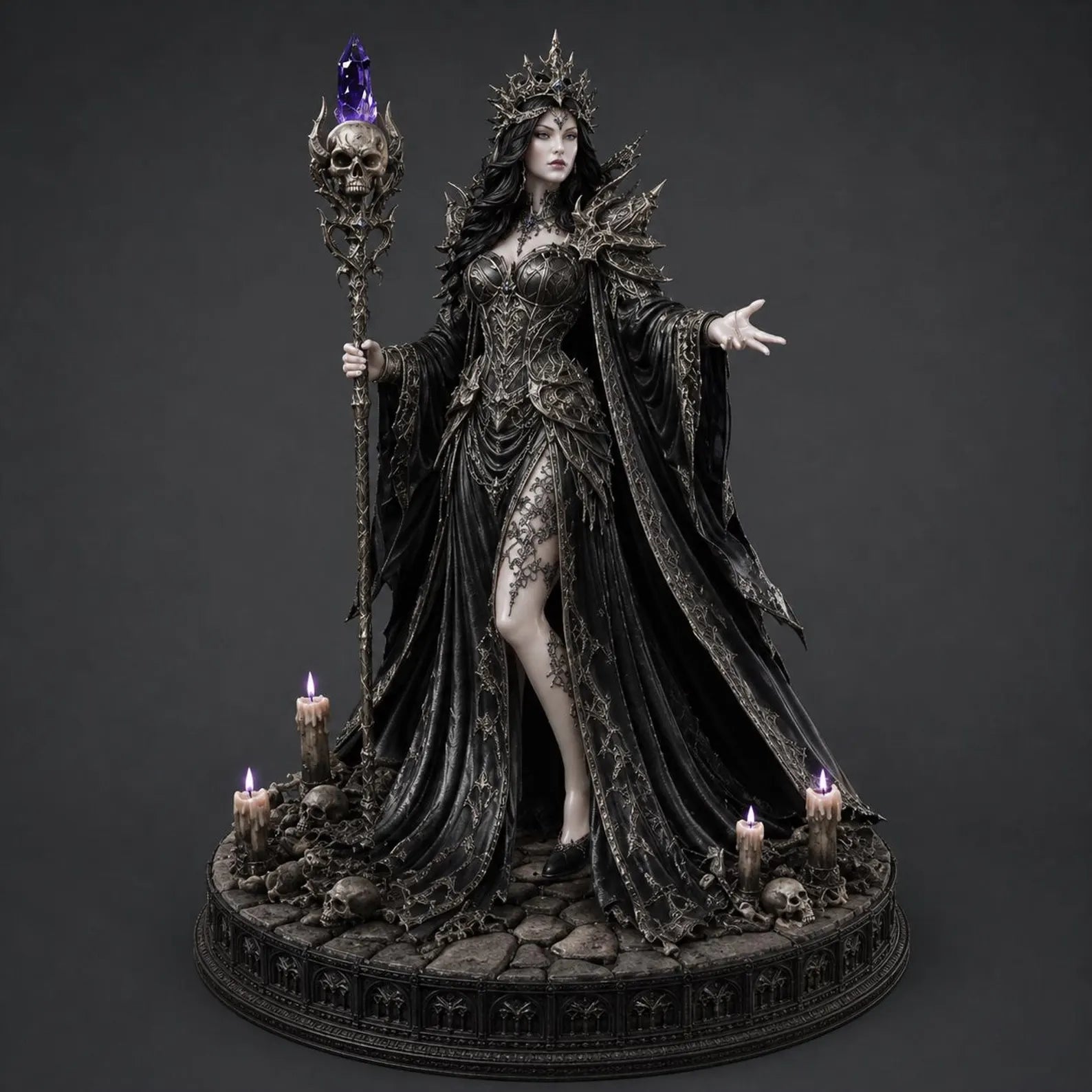 Gothic Dark Queen Necromancer - Vista frontale con piedistallo teschi candele accese e mantello