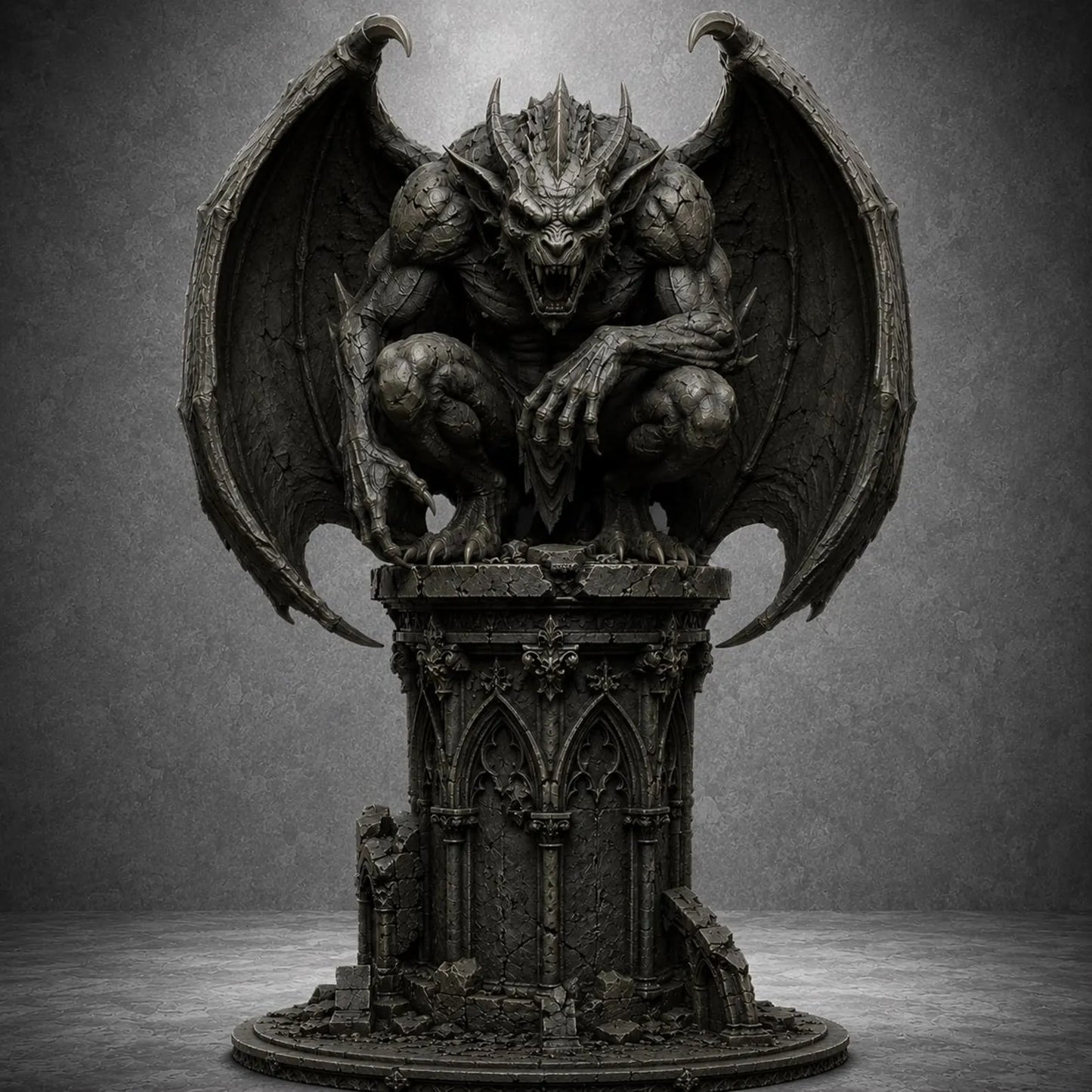 Gargoyle I - Vista frontale render 3D grigio pietra su piedistallo gotico
