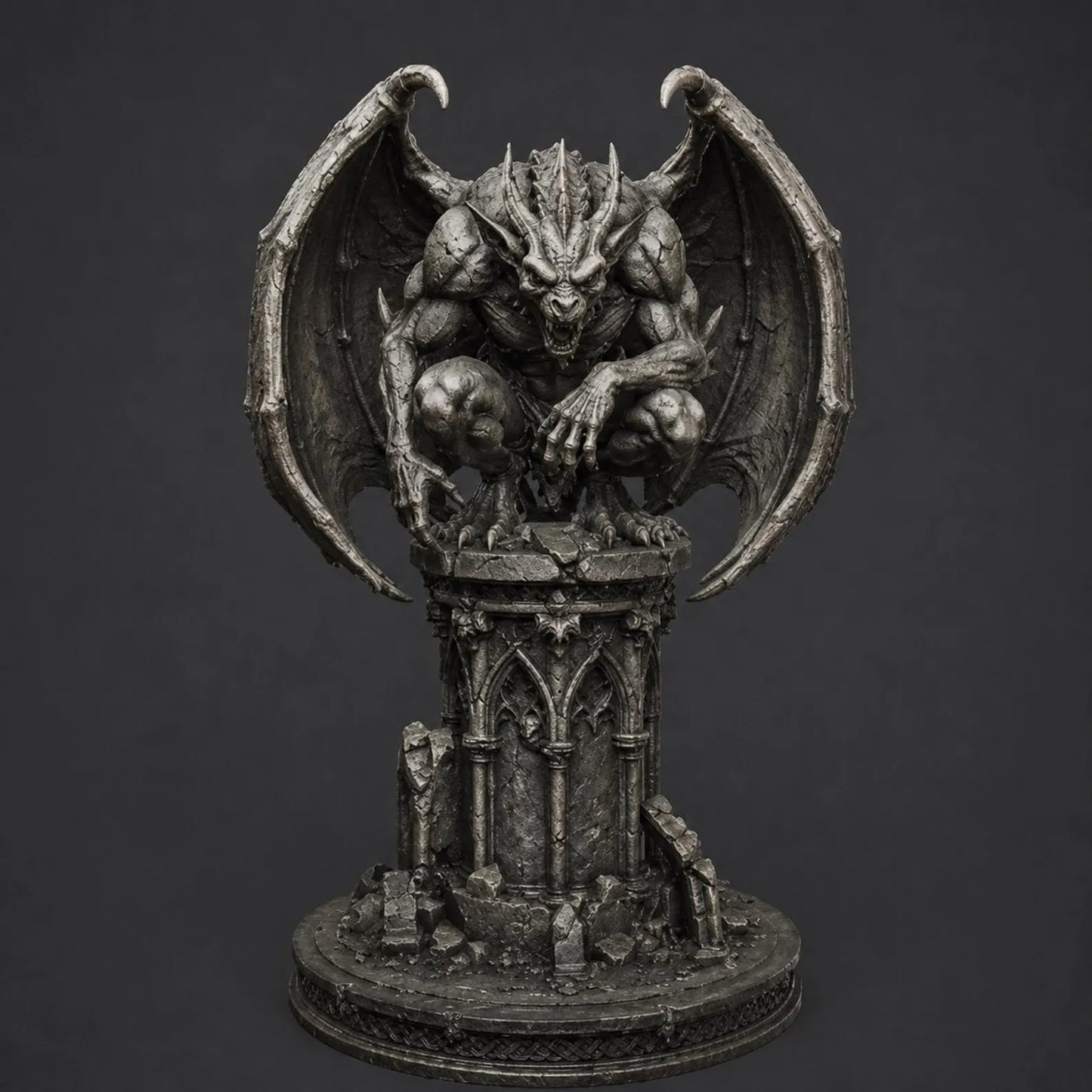 Gargoyle I - Vista tre quarti render 3D grigio con macerie gotiche